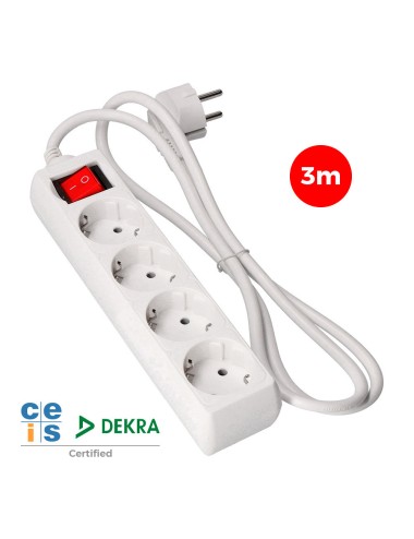 Base múltiple 4 tomas 2p+t con interruptor luminoso, 3 m de cable h05vv-f 3g1,5 mm, blanca