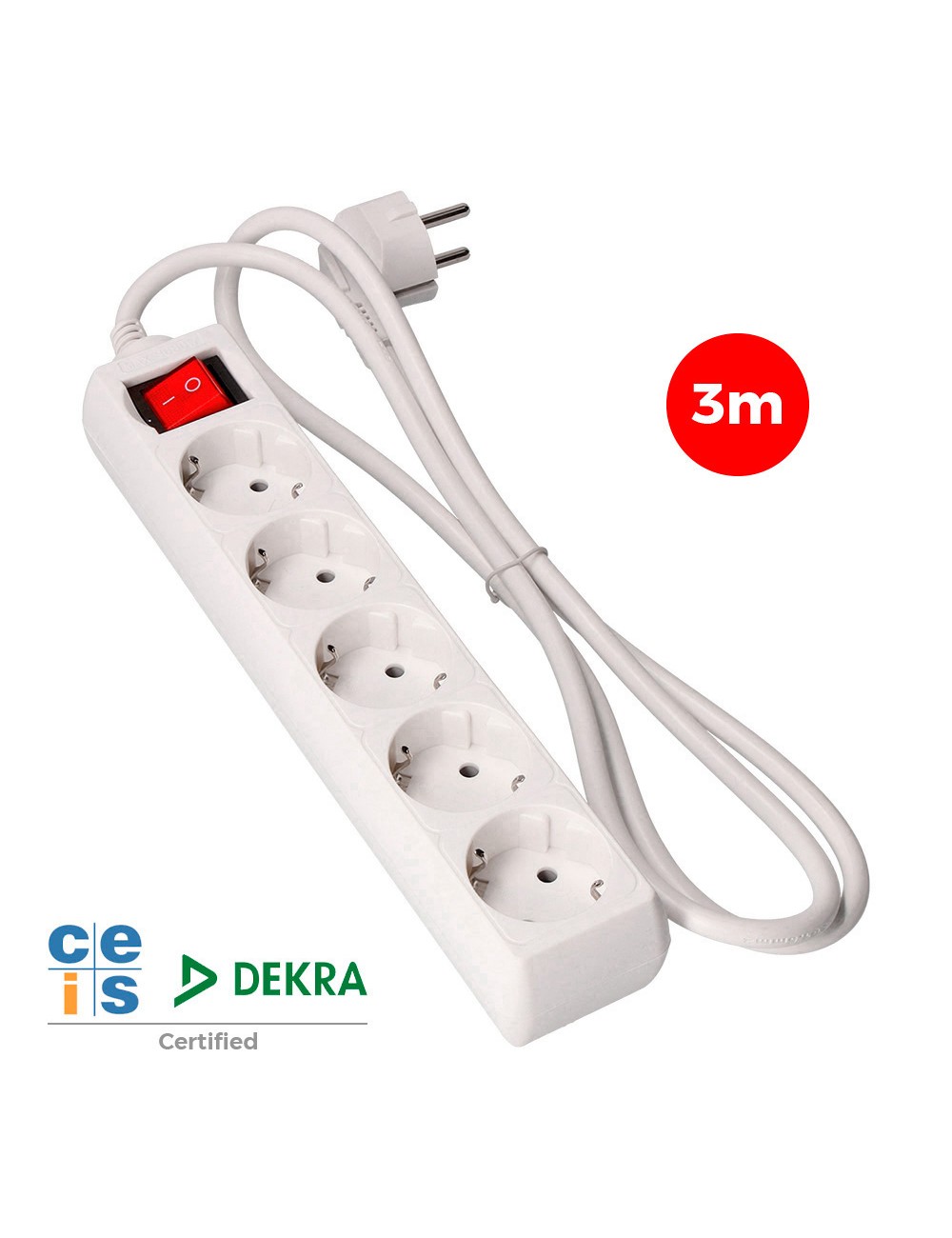 Base múltiple 5 tomas 2p+t con interruptor luminoso, 3 m de cable h05vv-f 3g1,5 mm, blanca