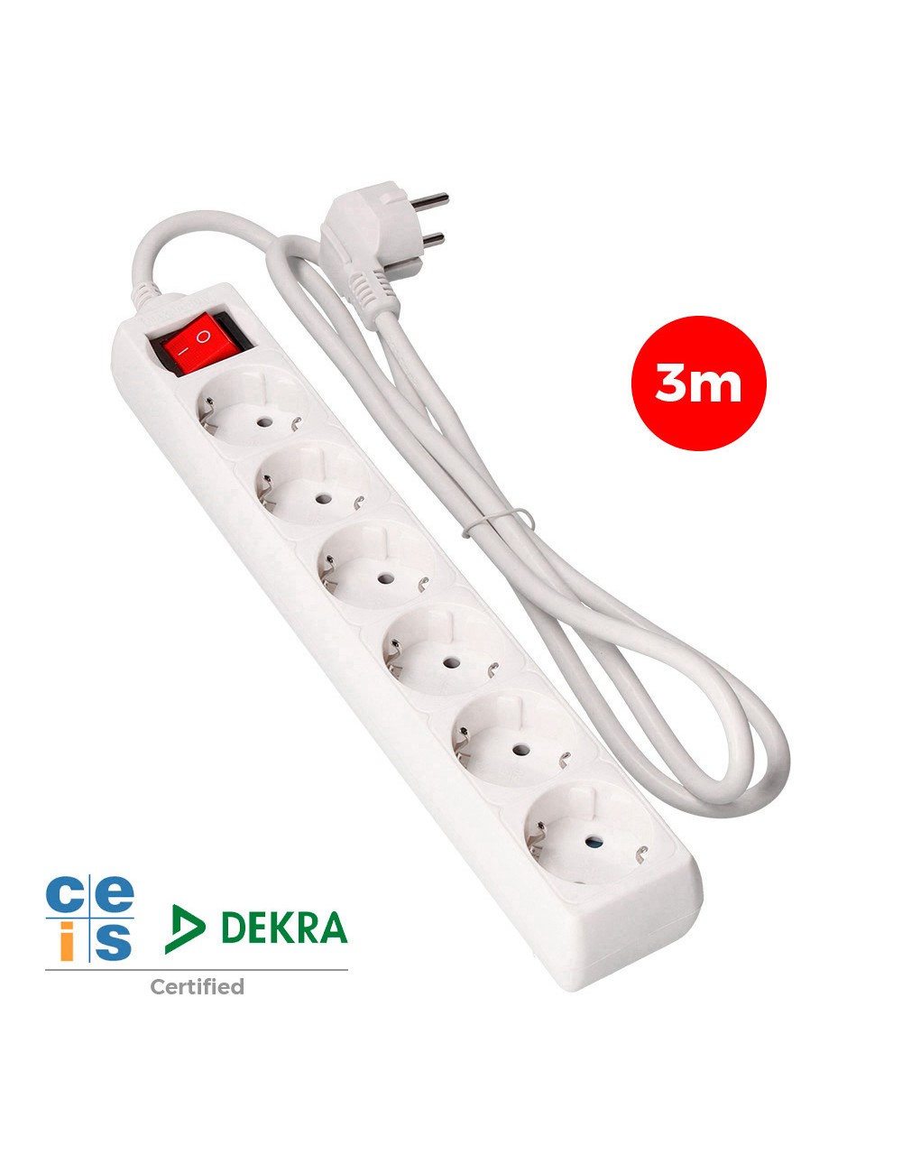 Base múltiple 6 tomas 2p+t con interruptor luminoso, 3 m de cable h05vv-f 3g1,5 mm, blanca