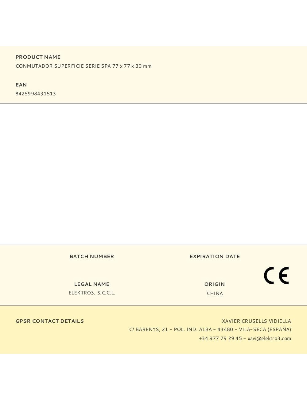 Conmutador superficie serie spa 77 x 77 x 30 mm