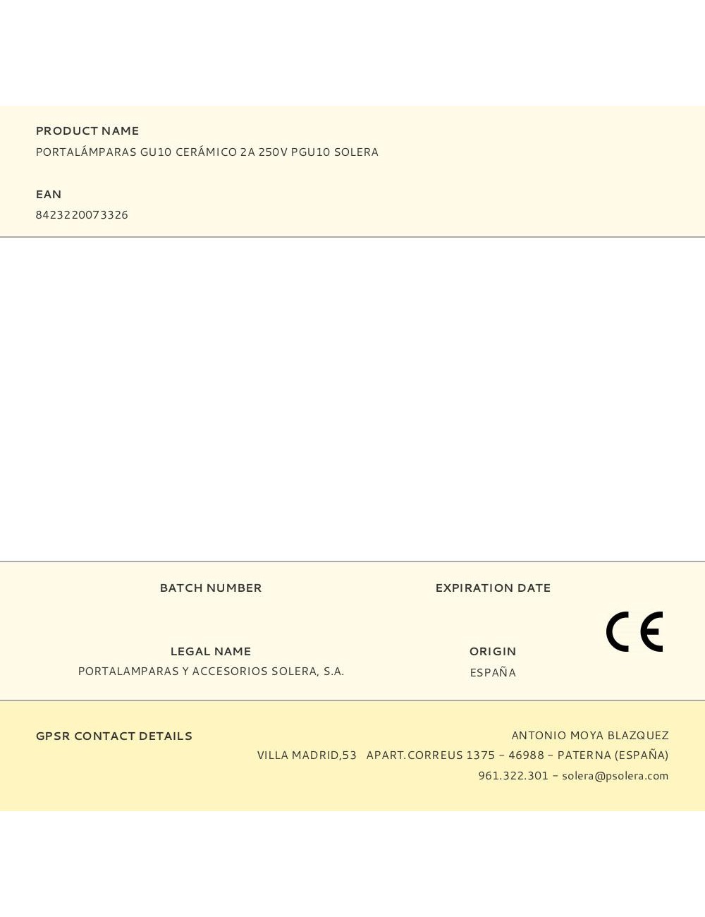 Portalámparas gu10 cerámico 2a 250v pgu10 solera