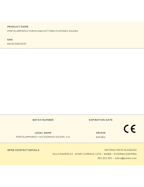 Portalamparas porcelana e27 para plafones solera