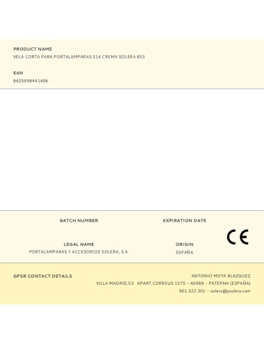 Vela corta para portalamparas e14 crema solera 853