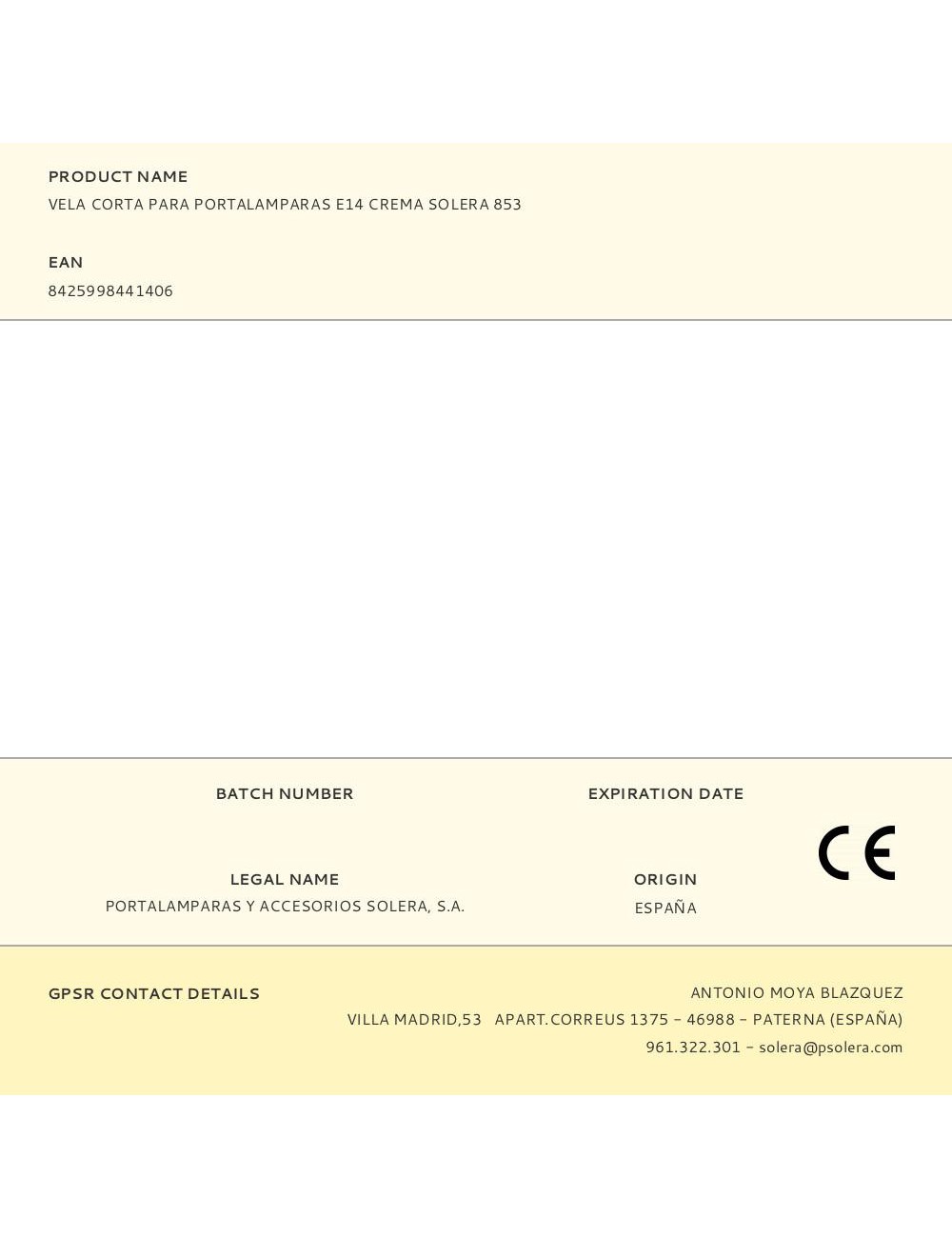 Vela corta para portalamparas e14 crema solera 853