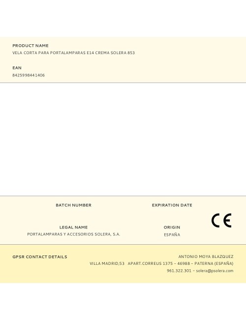 Vela corta para portalamparas e14 crema solera 853