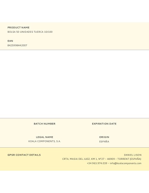 Bolsa 50 unidades tuerca 10/100