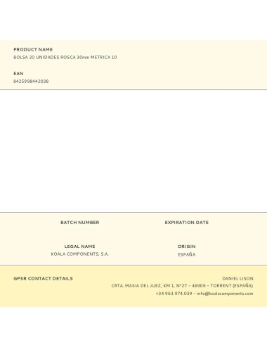 Bolsa 20 unidades rosca 30mm metrica 10
