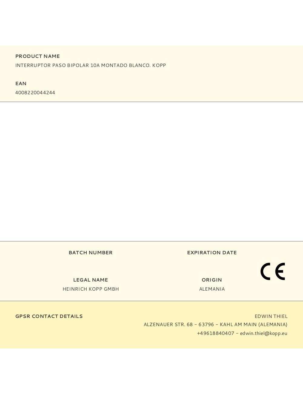 Interruptor paso bipolar 10a montado blanco. kopp