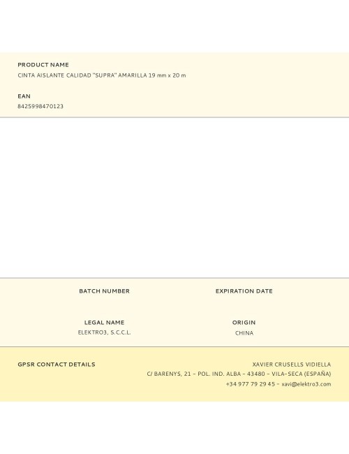 Cinta aislante calidad "supra" amarilla 19 mm x 20 m