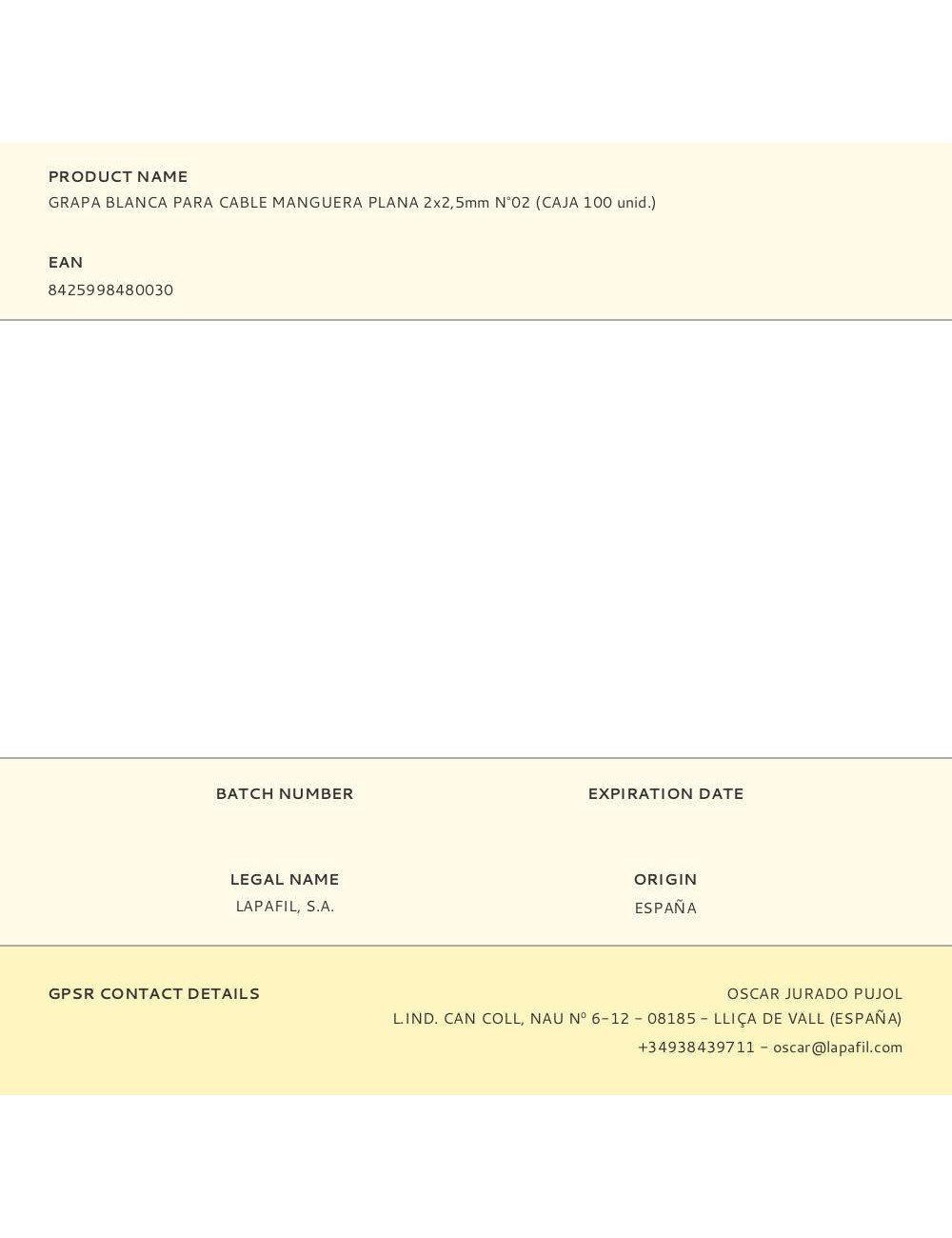 Grapa para cable manguera plana 2 x 2,5 mm n°02, blanca, caja 100 uds