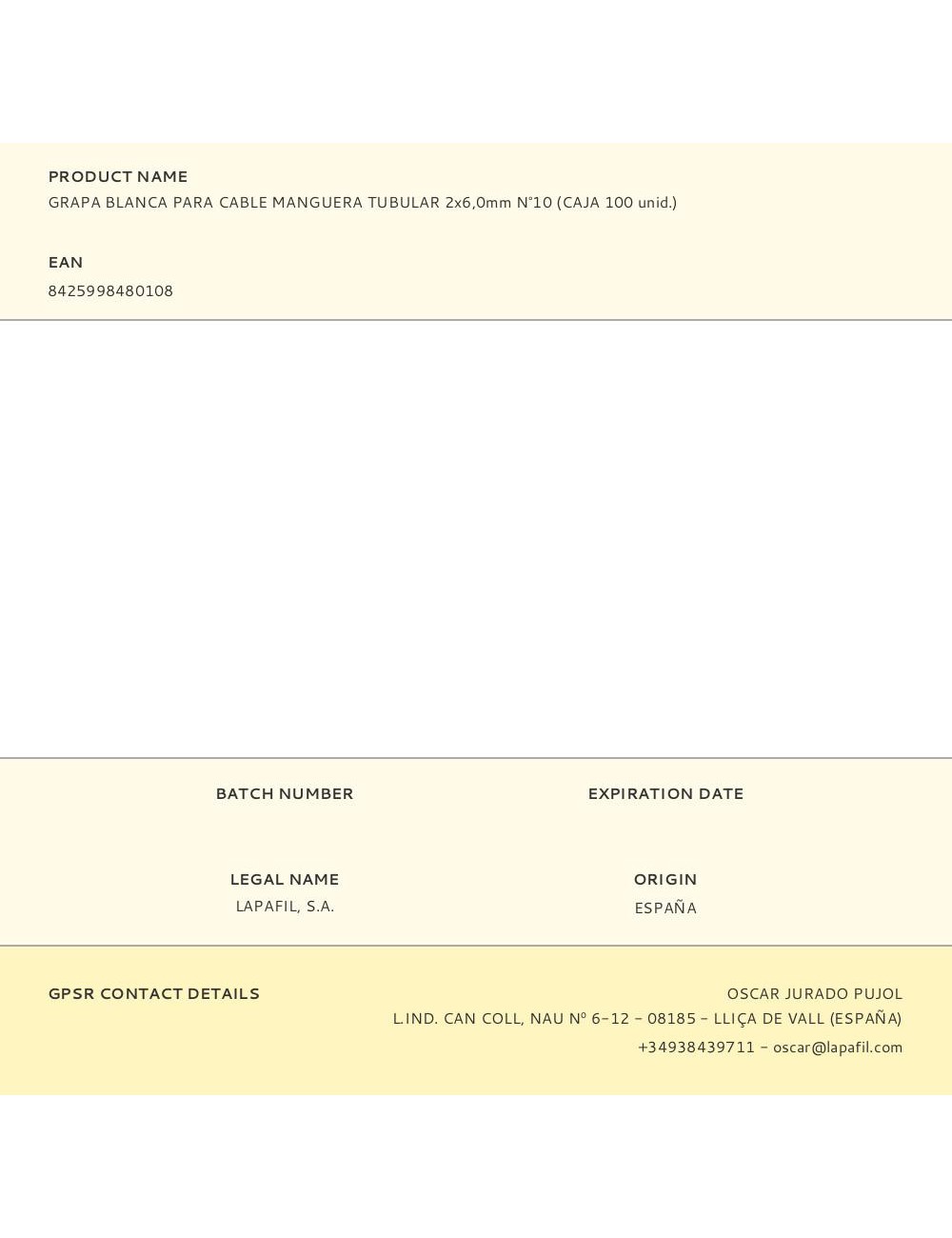 Grapa para cable manguera tubular 2 x 6,0 mm n°10, blanca, caja 100 uds