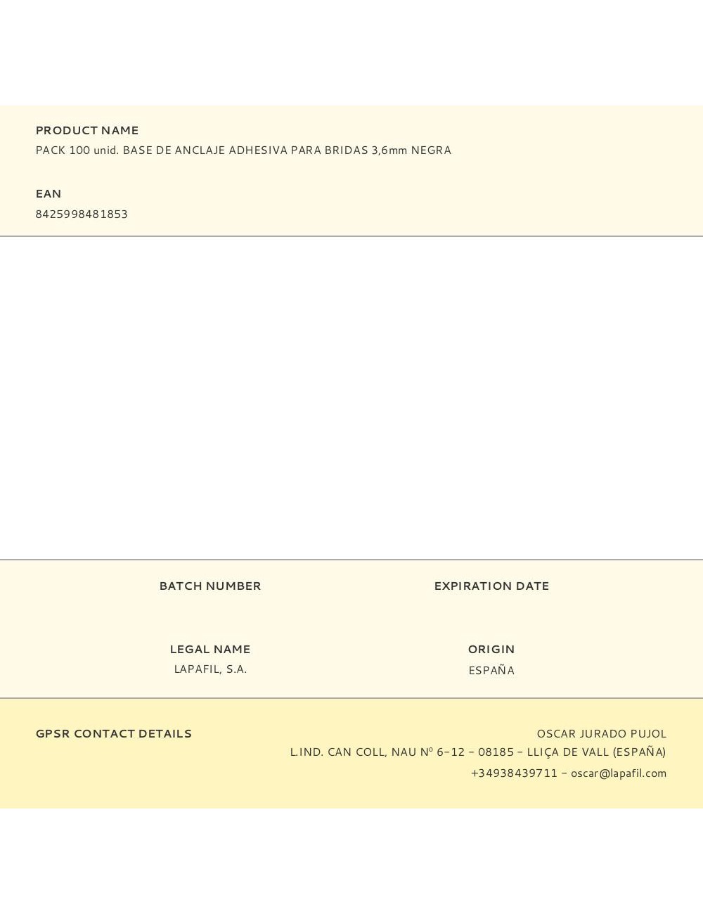 Pack 100 unid. base de anclaje adhesiva para bridas 3,6mm negra