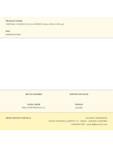 Terminal cilindrico 2,8 mm hembra 2,8 mm, bolsa 100 uds