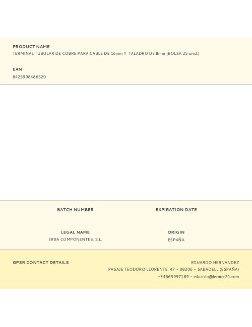 Terminal tubular de cobre para cable de 16 mm y taladro de 8 mm, bolsa 25 uds