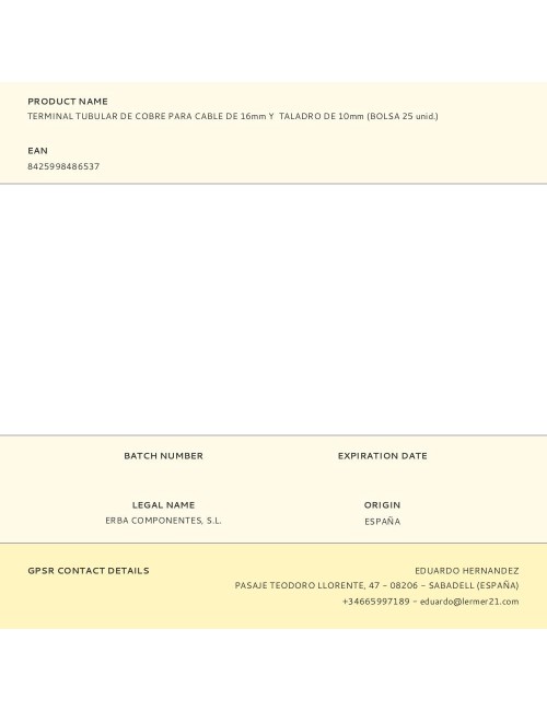 Terminal tubular de cobre para cable de 16 mm y taladro de 10 mm, bolsa 25 uds