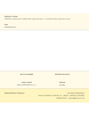 Terminal tubular de cobre para cable de 25 mm y taladro de 8 mm, bolsa 25 uds