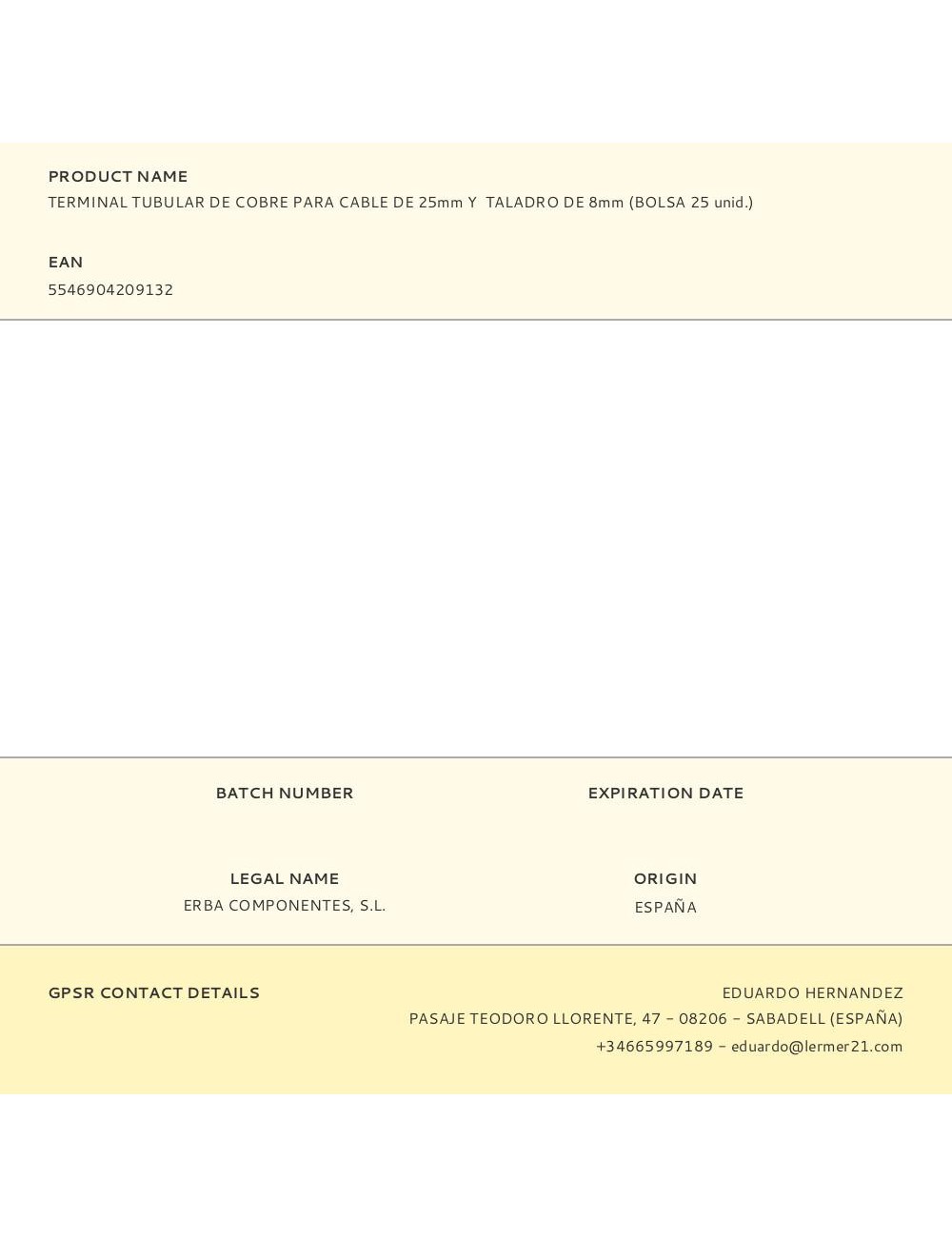 Terminal tubular de cobre para cable de 25 mm y taladro de 8 mm, bolsa 25 uds