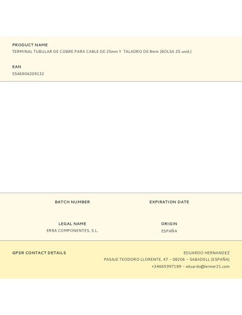 Terminal tubular de cobre para cable de 25 mm y taladro de 8 mm, bolsa 25 uds