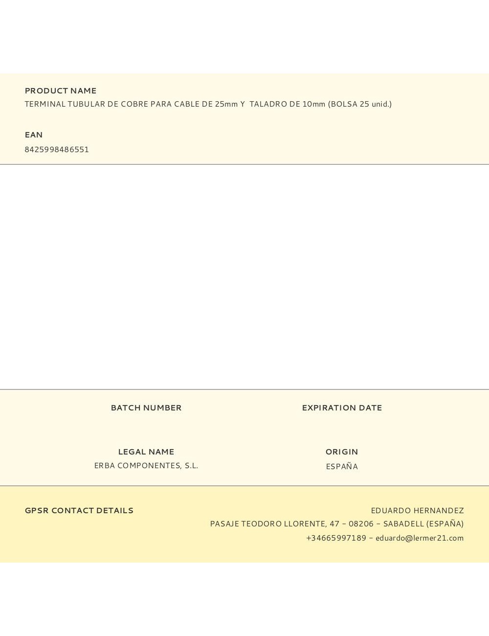 Terminal tubular de cobre para cable de 25 mm y taladro de 10 mm, bolsa 25 uds