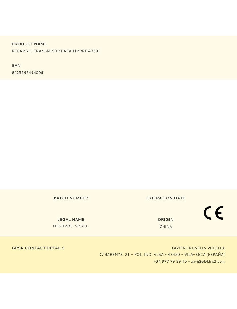 Recambio transmisor para timbre 49302