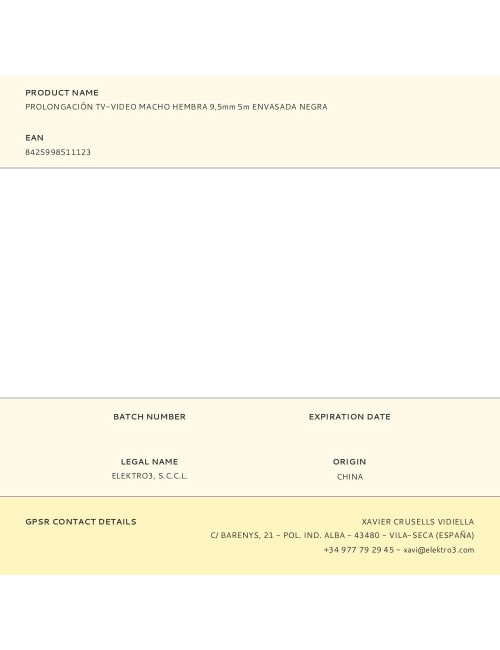 Prolongación tv-video macho hembra 9,5mm 5m envasada negra