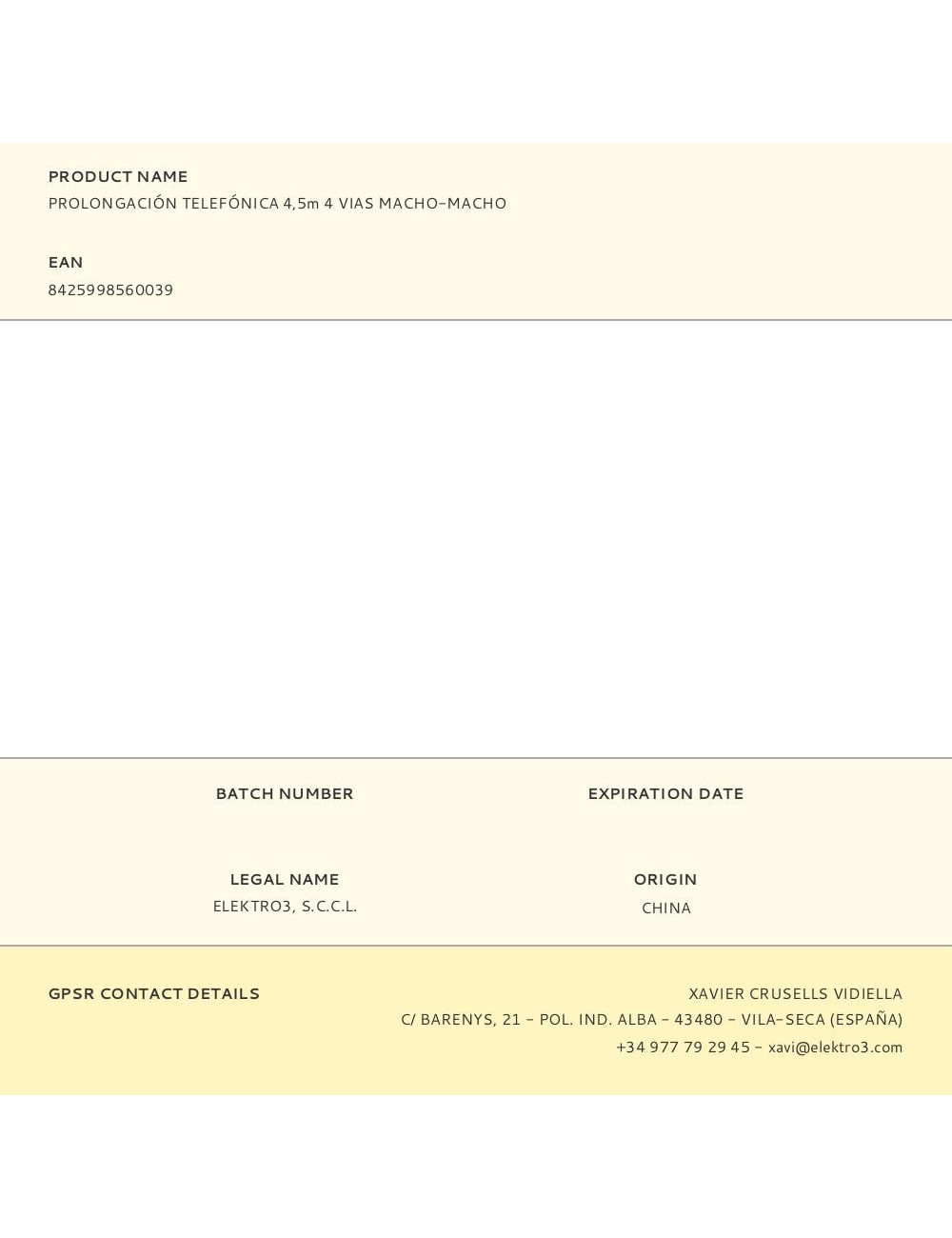 Prolongación telefónica 4,5m 4 vias macho-macho