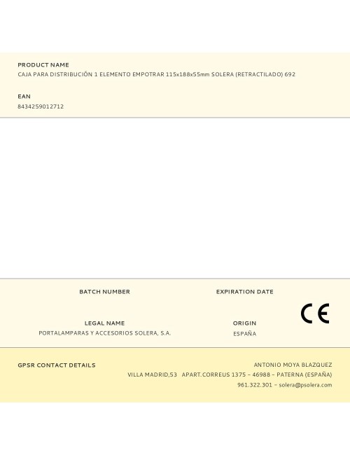 Caja para distribución 1 elemento empotrar 115x188x55mm solera (retractilado) 692