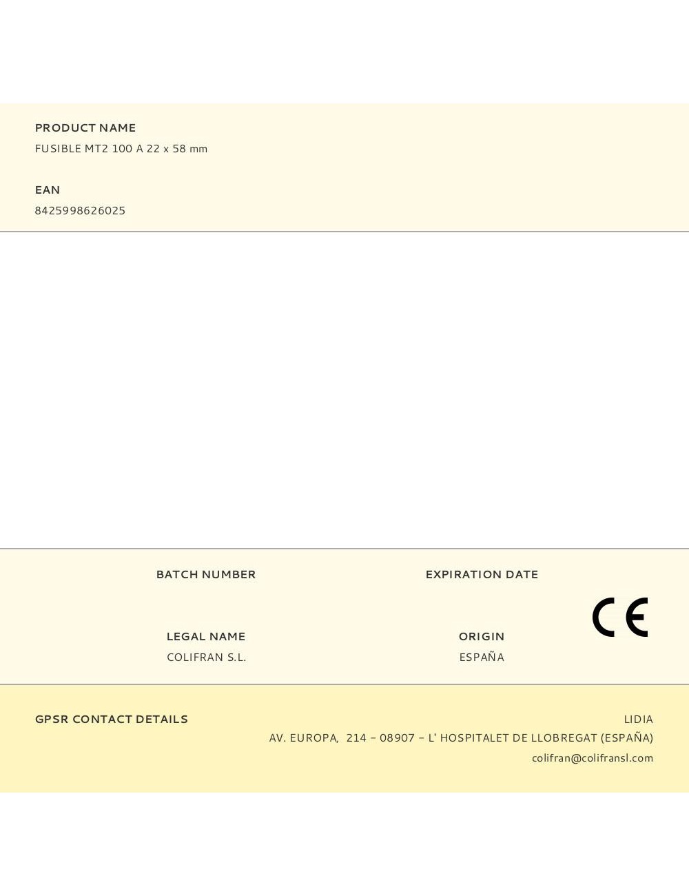 Fusible mt2 100 a 22 x 58 mm