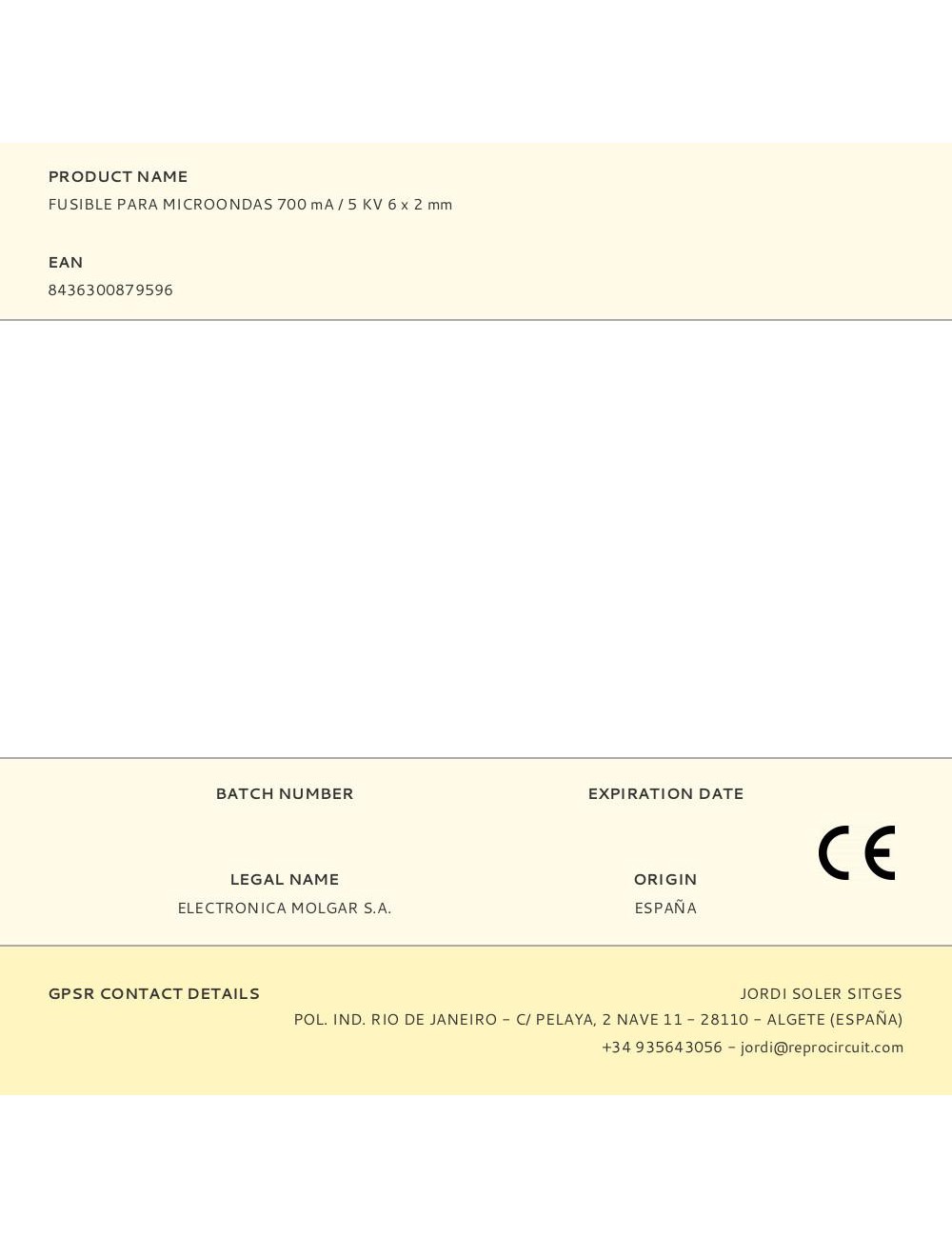 Fusible para microondas 700 ma / 5 kv 6 x 2 mm