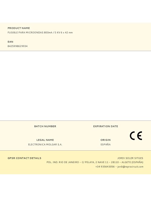 Fusible para microondas 800ma / 5 kv 6 x 42 mm