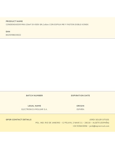 Condensador mka 20mf 5% 450v ø4,1x8cm con espiga m8 y faston doble konek