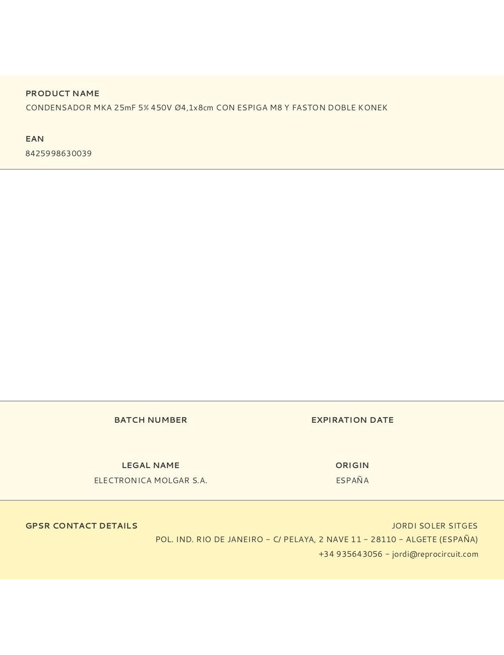 Condensador mka 25mf 5% 450v ø4,1x8cm con espiga m8 y faston doble konek