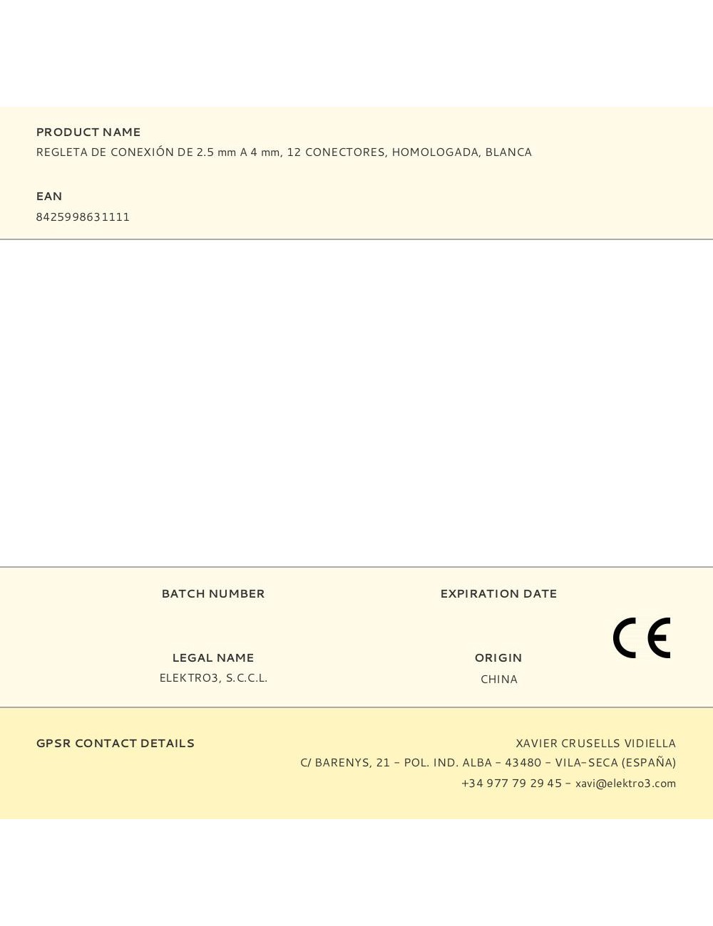 Regleta de conexión de 2.5 mm a 4 mm, 12 conectores, homologada, blanca