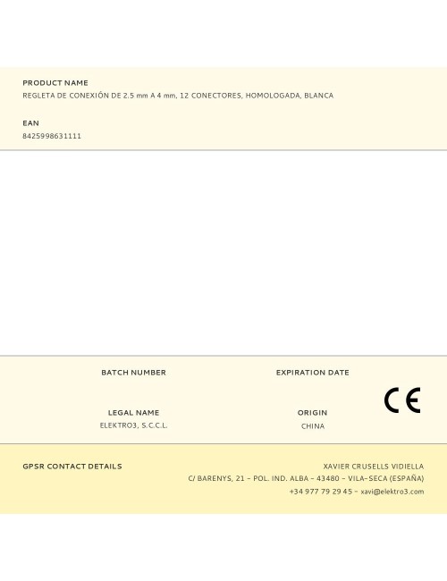 Regleta de conexión de 2.5 mm a 4 mm, 12 conectores, homologada, blanca