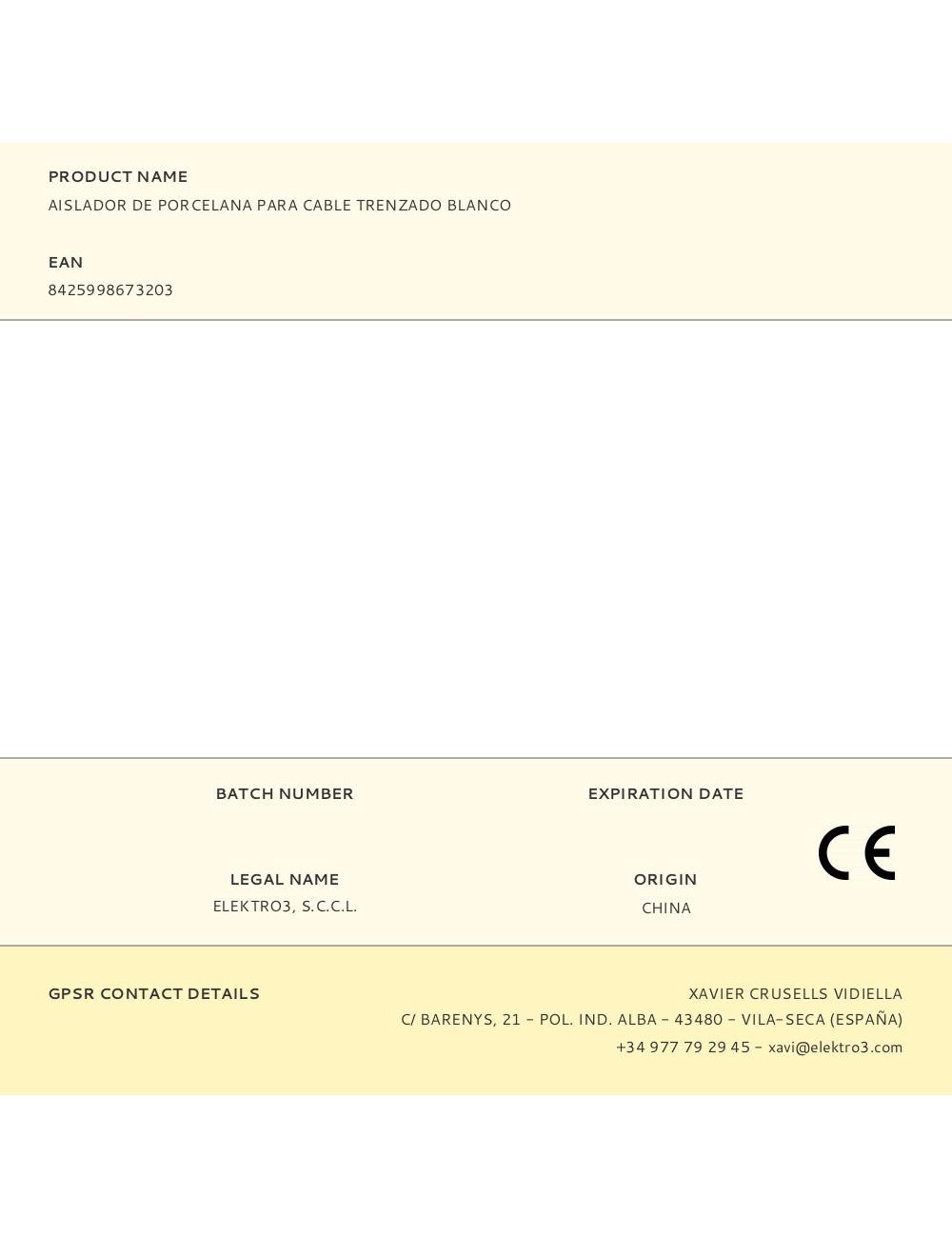 Aislador de porcelana para cable trenzado blanco