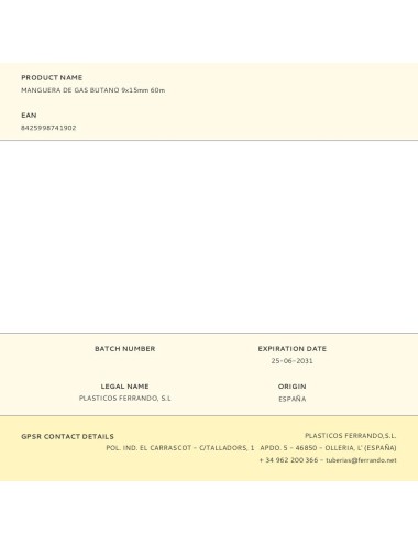 Manguera de gas butano 9x15mm 60m