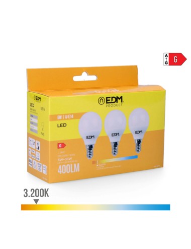 Kit 3 bombillas esfericas led e14 5 w 400 lm 3200 k luz calida ø4,5 x 8 cm