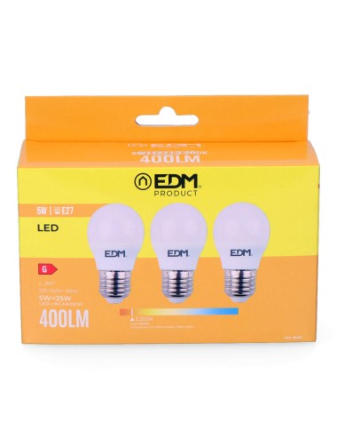 Kit 3 bombillas esfericas led e27 5 w 400 lm 3200 k luz calida ø4,5 x 8 cm