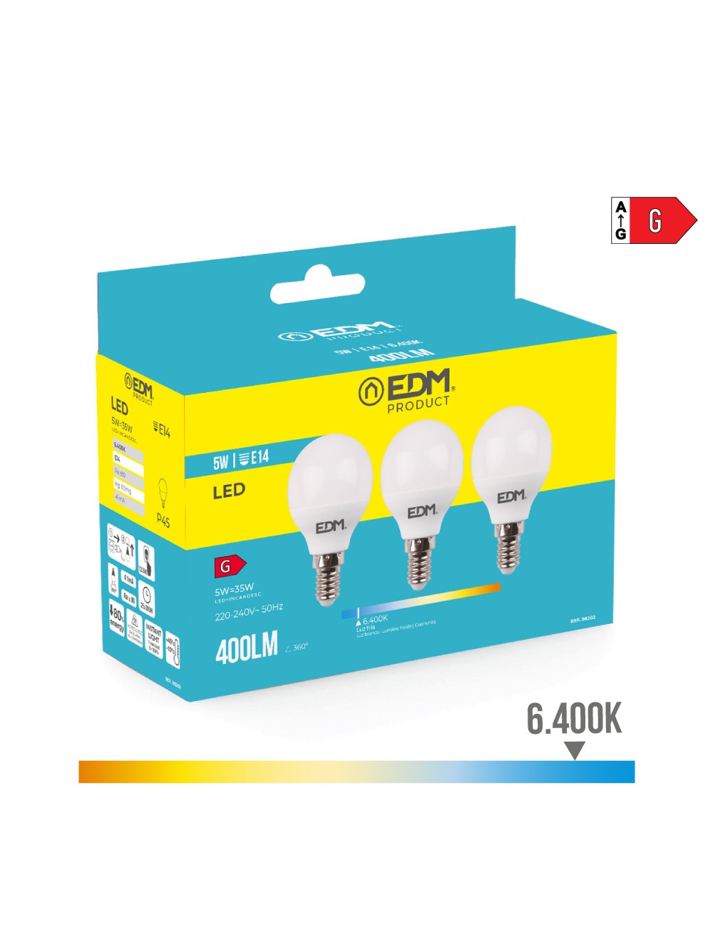 Kit 3 bombillas esfericas led e14 5 w 400 lm 6400 k luz fria ø4,5 x 8 cm