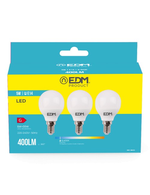 Kit 3 bombillas esfericas led e14 5 w 400 lm 6400 k luz fria ø4,5 x 8 cm
