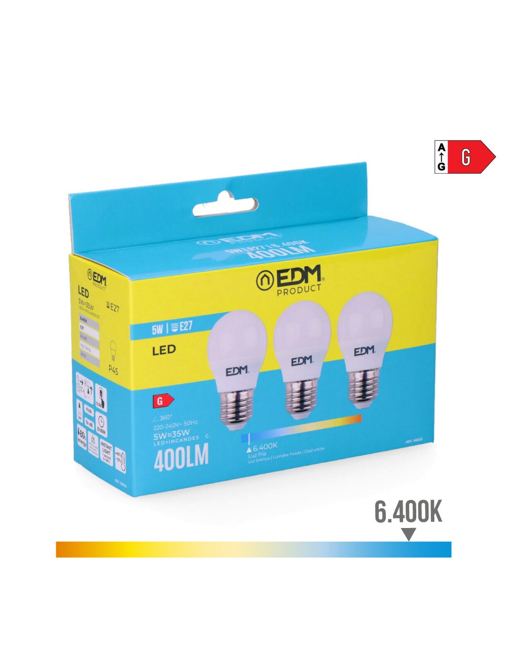Kit 3 bombillas esfericas led e27 5 w 400 lm 6400 k luz fria ø4,5 x 8 cm