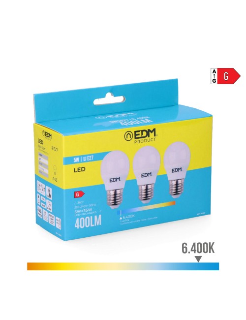 Kit 3 bombillas esfericas led e27 5 w 400 lm 6400 k luz fria ø4,5 x 8 cm