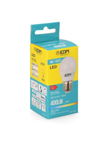 Bombilla esferica led e27 5 w 400 lm 6400 k luz fria ø4,5 x 8 cm