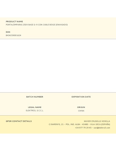 Portalámparas 250v base g-9 con cable beige (envasado)