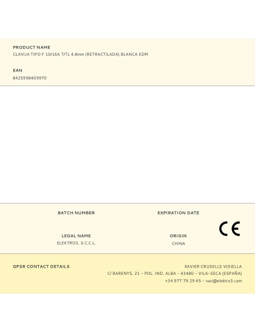 Clavija tipo f 10/16a t/tl 4,8mm (retractilada) blanca edm