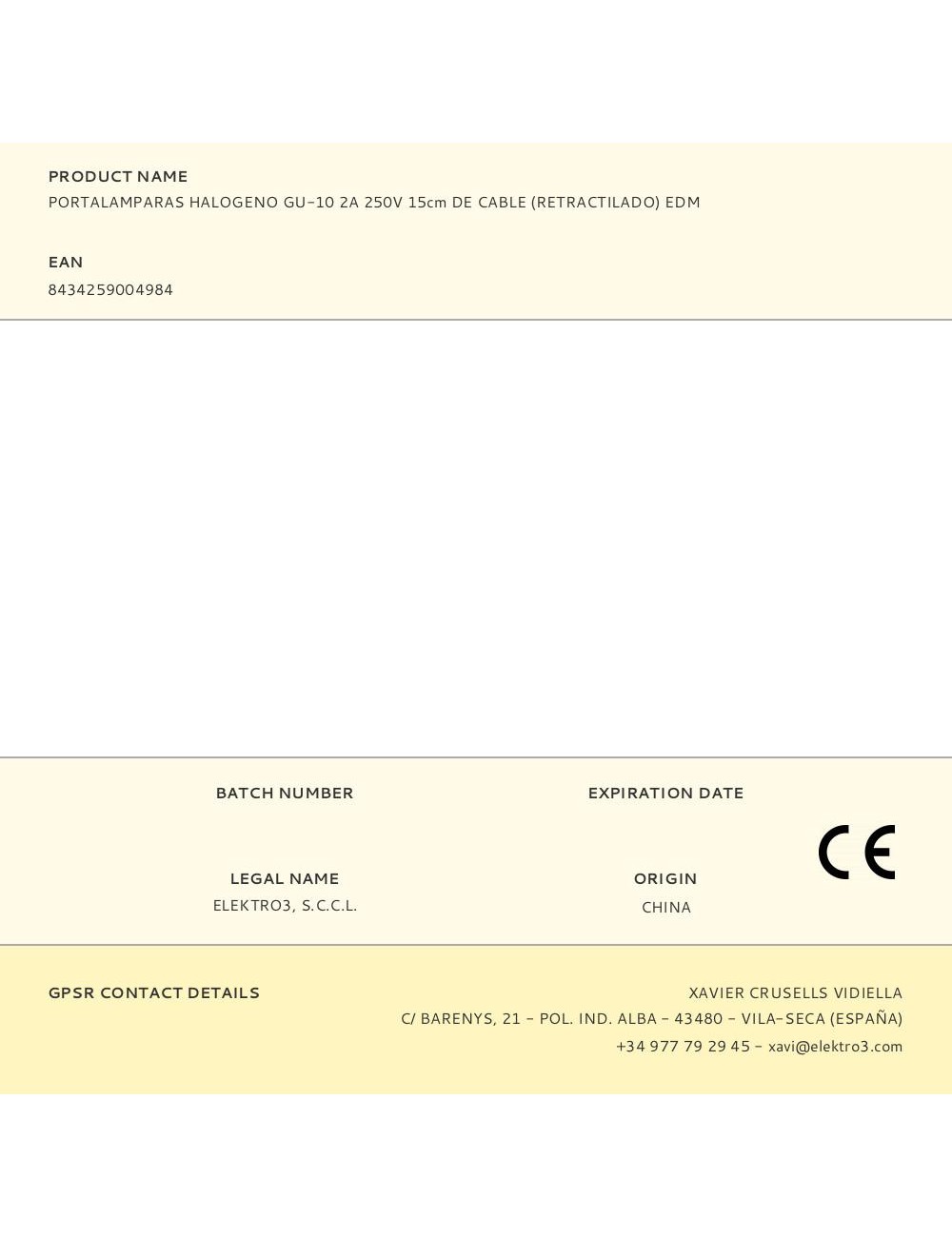 Portalamparas halogeno gu-10 2a 250v 15cm de cable (retractilado) edm