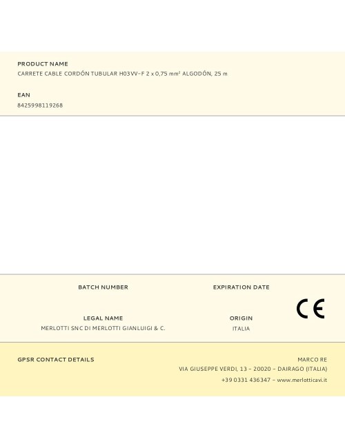 Carrete cable cordón tubular h03vv-f 2 x 0,75 mm algodón, 25 m