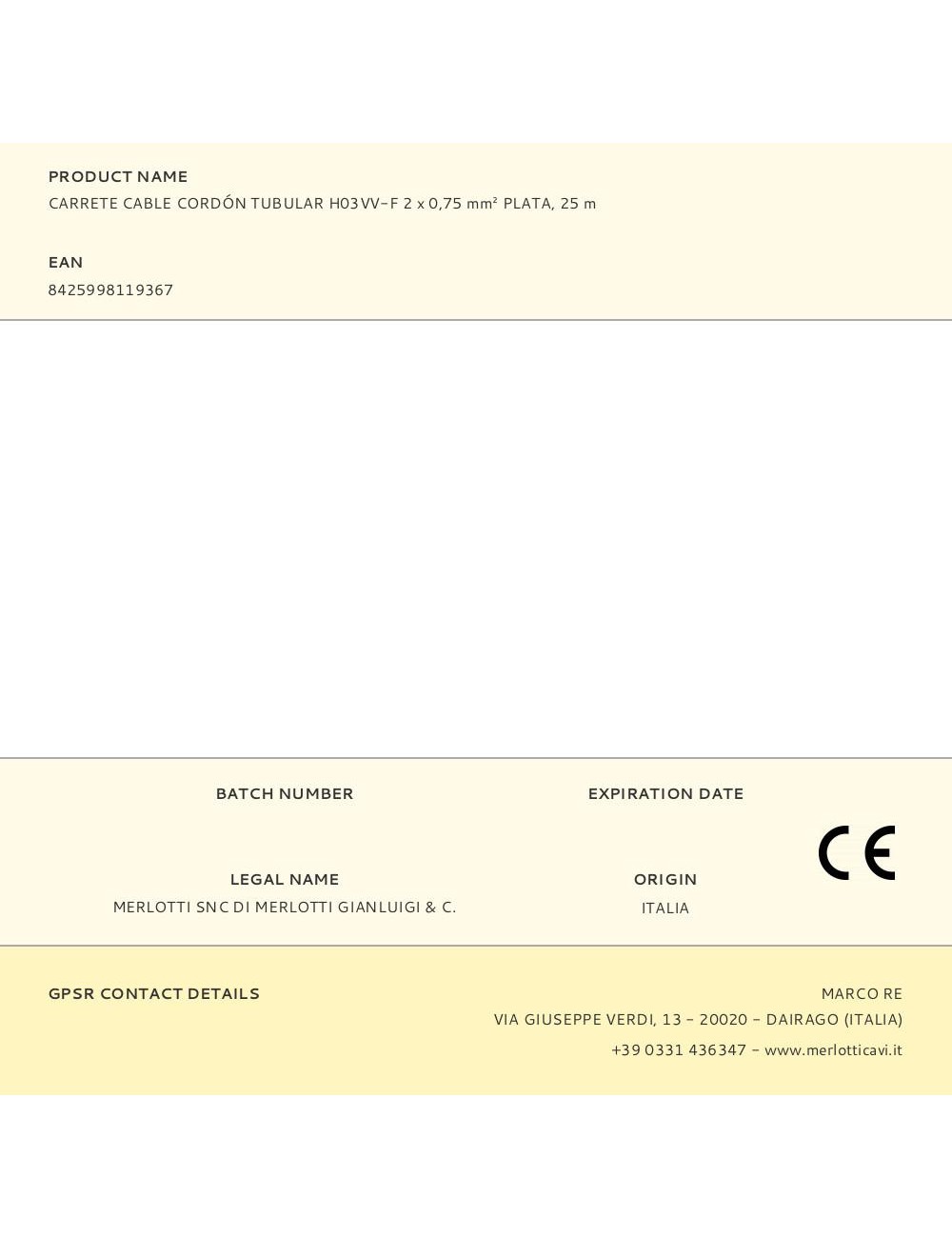 Carrete cable cordón tubular h03vv-f 2 x 0,75 mm plata, 25 m