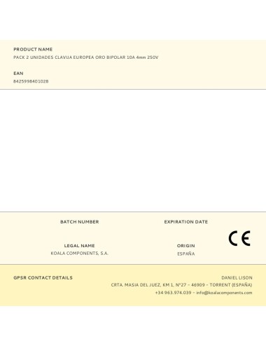 Pack 2 unidades clavija europea oro bipolar 10a 4mm 250v