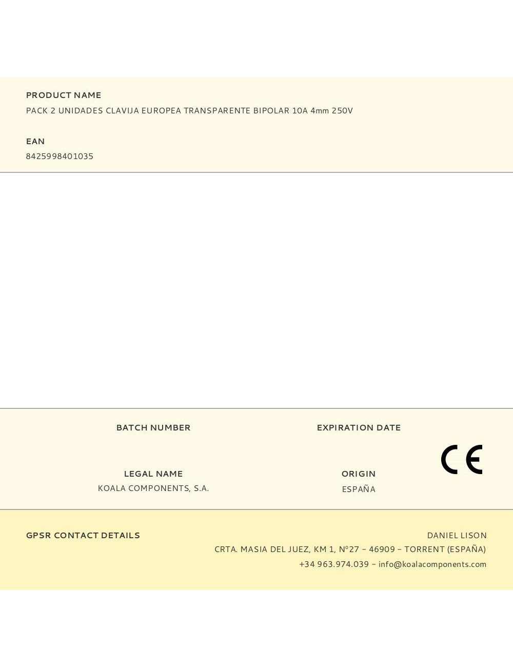 Pack 2 unidades clavija europea transparente bipolar 10a 4mm 250v